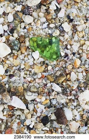 Stock Image - Green glass laying with the rocks and seashells at the beach; Koh Samet Island, Thailand. Fotosearch