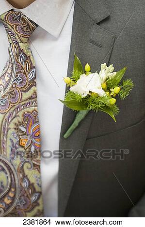 Picture - Groom's boutineer and tie detail; Starkville, Mississippi, United States of America. Fotosearch