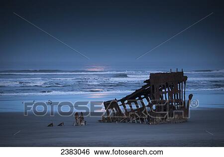 Stock Photograph - Moonlight shines over the wreck of the Peter Iredale; Oregon, United States of America. Fotosearch