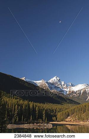 Mountain lake, blue sky, and snow-capped mountains; Alberta, Canada View Large Photo Image Stock Photo - Mountain lake, blue sky, and snow-capped mountains; Alberta, Canada. Fotosearch