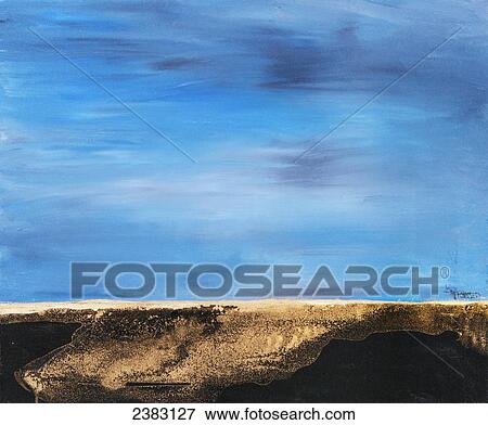 Stock Photo - Painting of brown land meeting blue sky. Fotosearch