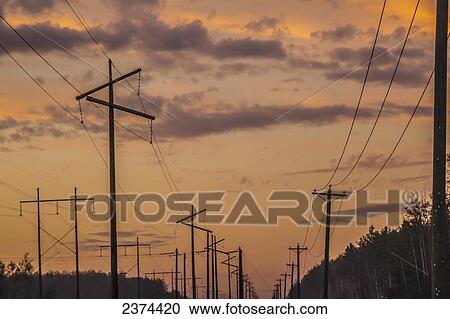 Stock Image - Powerlines stretch in the horizon silhouetted at sunset; Fort McMurray, Alberta, Canada. Fotosearch