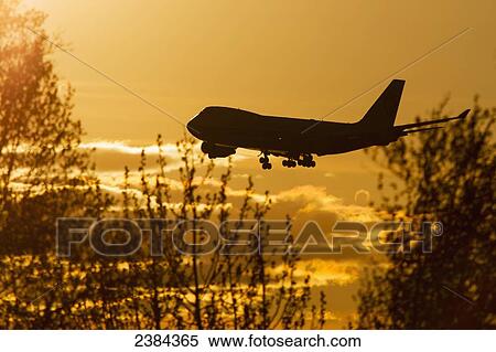 Stock Photography - Silhouette of a 747 landing at Ted Stevens International Airport; Anchorage, Alaska, United States of America. Fotosearch
