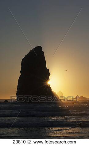 Stock Image - The sun sets over sea stacks; Cannon Beach, Oregon, United States of America. Fotosearch