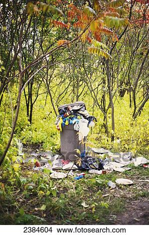 Picture - Trash overflowing on nature trail in Moore Park Ravine; Toronto, Ontario, Canada. Fotosearch