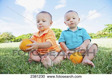 Twin toddler boys sitting down at a park holding oranges; Honolulu, Oahu, Hawaii, United States of America View Large Photo Image Stock Image - Twin toddler boys sitting down at a park holding oranges; Honolulu, Oahu, Hawaii, United States of America. Fotosearch