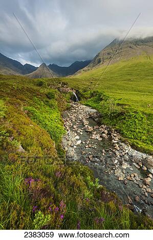 Waterfall in Coire na Creiche (The Fairy Pools) near Glen Brittle with the hills of the Black Cuillin in the distance; Isle of Skye, Scotland View Large Photo Image Stock Photo - Waterfall in Coire na Creiche (The Fairy Pools) near Glen Brittle with the hills of the Black Cuillin in the distance; Isle of Skye, Scotland. Fotosearch