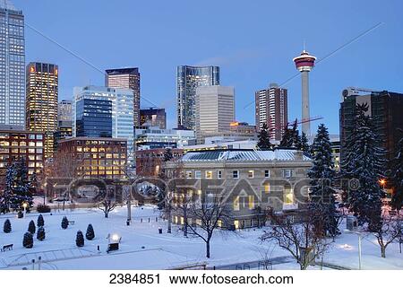 Winter scene of a city plaza at dusk; Calgary, Alberta, Canada View Large Photo Image Stock Image - Winter scene of a city plaza at dusk; Calgary, Alberta, Canada. Fotosearch