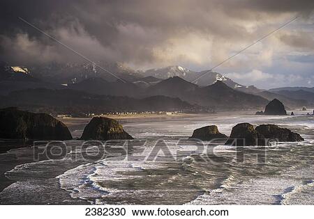 Stock Image - Winter weather comes to the Oregon coast; Cannon Beach, Oregon, United States of America. Fotosearch