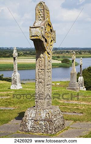 Stock Photo - A high cross at the monastery of Clonmacnoise; Clonmacnoise, County Offaly, Ireland. Fotosearch