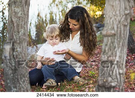 A mother showing her son some autumn coloured leaves in a park; Edmonton, Alberta, Canada View Large Photo Image Picture - A mother showing her son some autumn coloured leaves in a park; Edmonton, Alberta, Canada. Fotosearch