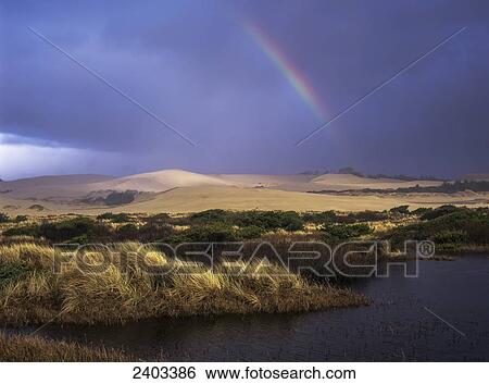 Stock Photograph - A rainbow over the Umpqua Dunes, Oregon Dunes National Recreation Area; Oregon, United States of America. Fotosearch