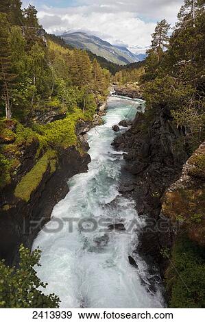 Stock Photo - A river rushing through a forest with mountains in the distance; Andalsnes, Rauma, Norway. Fotosearch