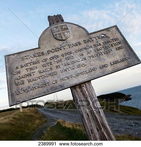 Stock Image - A sign for Stakes Point Pass Battery; Calvert, Newfoundland and Labrador, Canada. Fotosearch