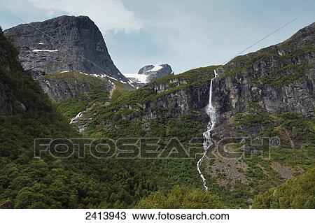 A waterfall down the side of a steep cliff in the mountains; Olden, Norway View Large Photo Image Stock Image - A waterfall down the side of a steep cliff in the mountains; Olden, Norway. Fotosearch