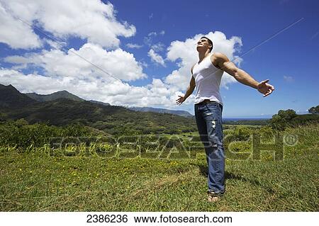 A young man standing in a grass field with arms outstretched looking up at the sky; Hawaii, United States of America View Large Photo Image Stock Photograph - A young man standing in a grass field with arms outstretched looking up at the sky; Hawaii, United States of America. Fotosearch