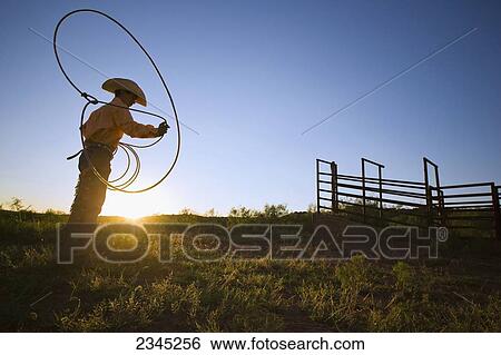Stock Photograph - Agriculture - A young cowboy, silhouetted by the setting sun, spins his lariat (aka. lasso rope) / Childress, Texas, USA.. Fotosearch