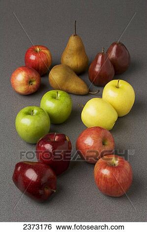 Stock Photograph - Agriculture - Apples and pears; varieties, front left to back right: Red Delicious, Fuji, Granny Smith, Golden Delicious, Gala, Bosc and Red Anjou Pears.. Fotosearch