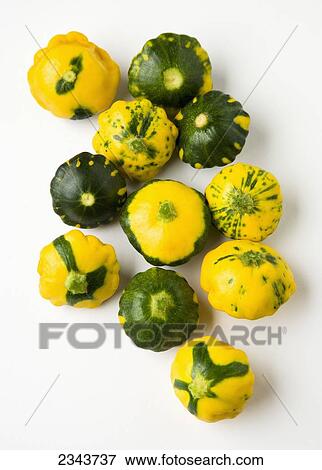 Agriculture - Bi-colored pattypan squash on a white surface. View Large Photo Image Stock Photo - Agriculture - Bi-colored pattypan squash on a white surface.. Fotosearch