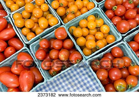 Stock Image - Agriculture - Red Roma and red and yellow Cherry tomatoes in cartons at a farmers market / Newport, Rhode Island, USA.. Fotosearch