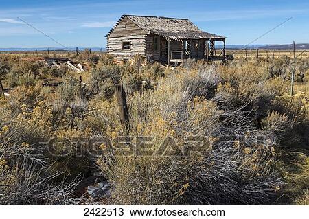 Stock Image - An abandoned log farm house with a barbed wire fence and tumble weeds in the foreground in autumn; Glade Park, Colorado, United States of America. Fotosearch