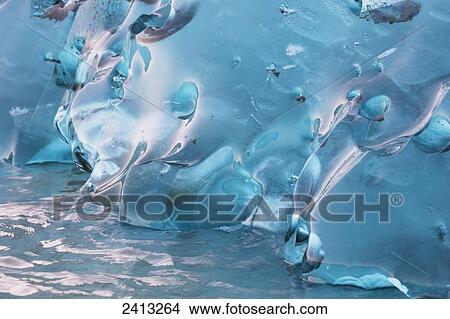 Picture - Close up of ice surface of iceberg broken off Mendenhall Glacier floating in Mendenhall lake, flipping over and exposing blue polished ice from being underwater; Juneau, Alaska, United States of America. Fotosearch