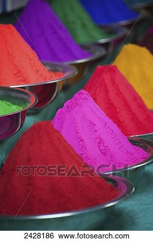 Stock Photograph - Colourful dye powders in bowls at Devaraja market; Mysore, India. Fotosearch