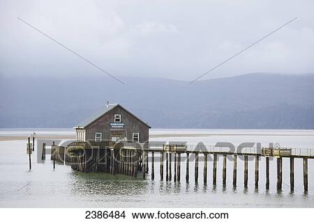 Picture - Dock in the water with a shack; Oregon, United States of America. Fotosearch