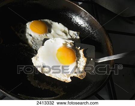 Stock Image - Eggs frying in a pan; United Kingdom. Fotosearch