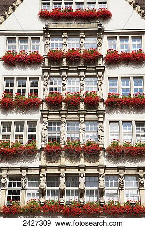 Facade of a building decorated with red flowers under every window; Munich, Bayern, Germany View Large Photo Image Stock Photo - Facade of a building decorated with red flowers under every window; Munich, Bayern, Germany. Fotosearch