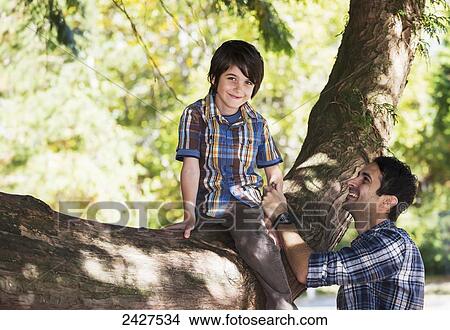Picture - Father holding his son as he climbs a tree; Langley, British Columbia, Canada. Fotosearch