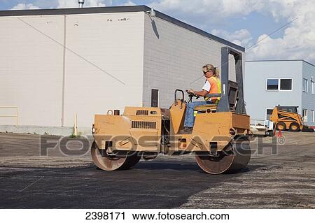 Stock Image - Female operator driving steam roller repairing pot holes in a parking lot; Edmonton, Alberta, Canada. Fotosearch