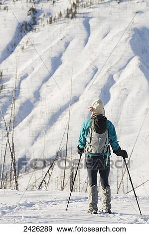Stock Photo - Female snowshoeing with poles in open forest with snow covered mountain; Banff, Alberta, Canada. Fotosearch