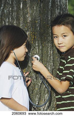 Stock Image - Five Year Old Sister And Seven Year Old Brother With Stethescope On Tree, Winnipeg, Canada. Fotosearch