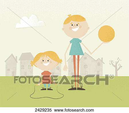 Illustration of two children in a park with a ball and skipping rope View Large Photo Image Stock Photography - Illustration of two children in a park with a ball and skipping rope. Fotosearch