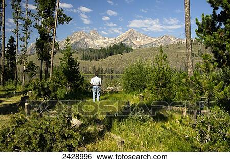 Man stands looking at Little Redfish Lake, with Sawtooth Mountains in distance; Stanley, Idaho, United States of America View Large Photo Image Stock Photograph - Man stands looking at Little Redfish Lake, with Sawtooth Mountains in distance; Stanley, Idaho, United States of America. Fotosearch