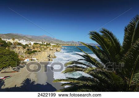 Palm tree and waves coming into shore along the coastline; Nerja, Malaga, Costa del Sol, Andalusia, Spain View Large Photo Image Stock Photo - Palm tree and waves coming into shore along the coastline; Nerja, Malaga, Costa del Sol, Andalusia, Spain. Fotosearch