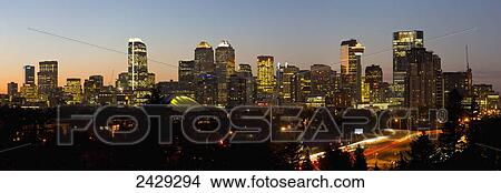 Picture - Panoramic night scene of the skyline of Calgary; Calgary, Alberta, Canada. Fotosearch