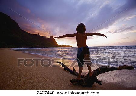 Stock Image - Playing on driftwood on Tunnels Beach at sunrise; Kauai, Hawaii, United States of America. Fotosearch