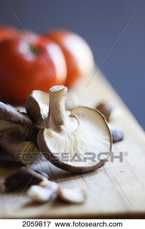 Portobello Mushrooms With Tomatoes On A Wooden Cutting Board View Large Photo Image Stock Photo - Portobello Mushrooms With Tomatoes On A Wooden Cutting Board. Fotosearch
