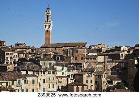 Residential buildings and the Mangia tower against a blue sky; Siena, Italy View Large Photo Image Stock Photography - Residential buildings and the Mangia tower against a blue sky; Siena, Italy. Fotosearch