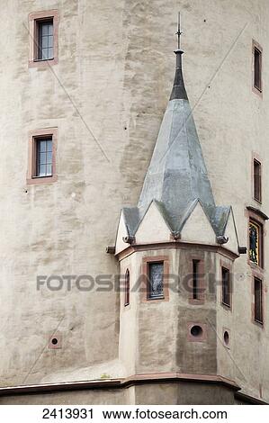 Stock Image - Side detail of old gothic castle turret; Frankfurt am Main, Germany. Fotosearch