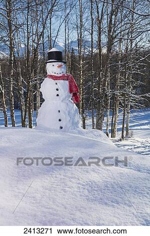 Snowman wearing a red scarf and black top hat in a wooded park with snow covered mountains and blue sky in the background; Anchorage, Alaska, United States of America View Large Photo Image Stock Image - Snowman wearing a red scarf and black top hat in a wooded park with snow covered mountains and blue sky in the background; Anchorage, Alaska, United States of America. Fotosearch