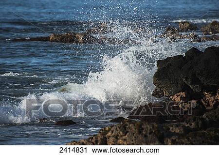 Surf breaks on the rugged rocks along the shore; Poipu, Kauai, Hawaii, United States of America View Large Photo Image Stock Image - Surf breaks on the rugged rocks along the shore; Poipu, Kauai, Hawaii, United States of America. Fotosearch