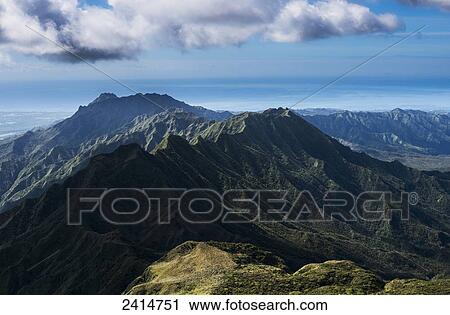 Stock Image - The top of Kauai viewed from the air; Kauai, Hawaii, United States of America. Fotosearch