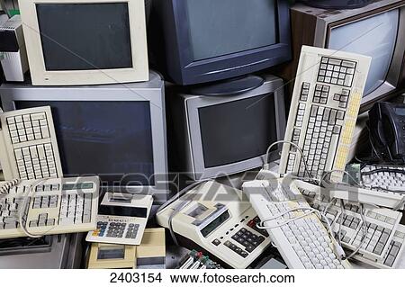Picture - Used computers, printers and office equipment for recycling; Edmonton, Alberta, Canada. Fotosearch