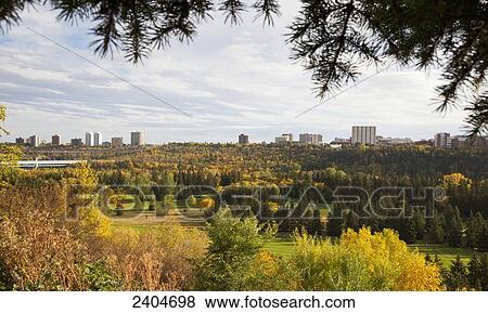 Stock Photo - View of the Edmonton river valley in autumn; Edmonton, Alberta, Canada. Fotosearch