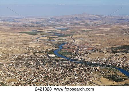 Stock Photo - View of the town of Avanos from the air; Avanos, Cappadocia, Turkey. Fotosearch
