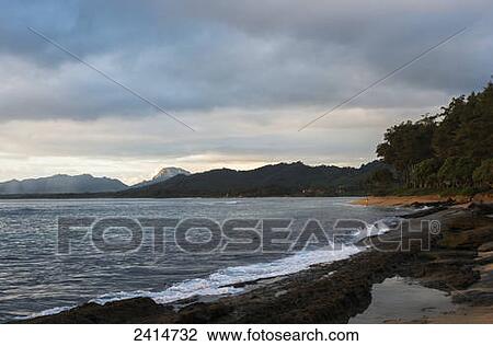 Stock Image - Waves crash into the shore; Wailua, Kauai, Hawaii, United States of America. Fotosearch