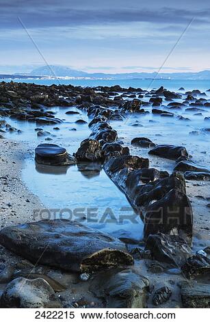 Stock Photography - Wet rocks along the shoreline; Tarifa, Costa de la Luz, Cadiz, Andalusia, Spain. Fotosearch